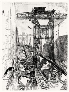 Kraner ved Miraflores-slusen, plade XXII fra Panamakanalen af Joseph Pennell, 1912 (kul på papir)
