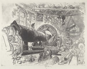 Cutting and Turning a Big Gun, 1916. af Joseph Pennell
