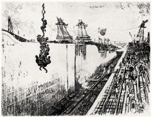 Dinner Time at Gatun, tallerken III fra Panamakanalen af Joseph Pennell, 1912 (kul på papir) af Joseph Pennell