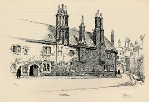 Old Charterhouse: Udvendig facade af Washhouse Court, med den indre port, 1886 af Joseph Pennell