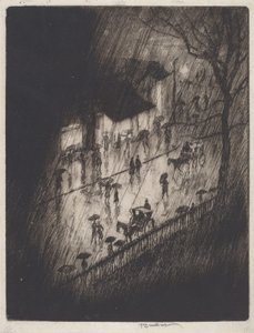 Rainy Night, Charing Cross-butikker af Joseph Pennell