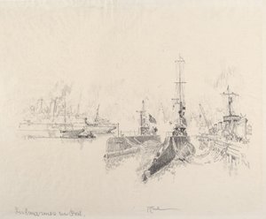 Ubåde i havn af Joseph Pennell