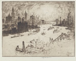 Solnedgang fra Williamsburg Bridge af Joseph Pennell