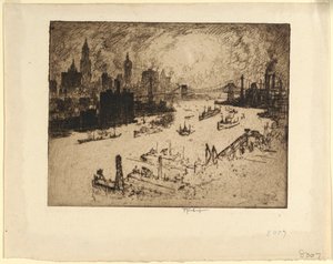 Solnedgang fra Williamsburg Bridge af Joseph Pennell