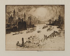 Solnedgang fra Williamsburg Bridge, 1915 af Joseph Pennell