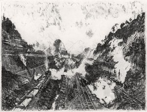 Snittet ser mod Ancon Hill, plade XVII fra Panamakanalen af Joseph Pennell, 1912 (kul på papir) af Joseph Pennell
