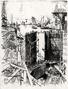 Vagtporten ved Gatun, plade V fra Panamakanalen af Joseph Pennell, 1912 (kul på papir)