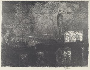 Butikkerne om natten, skiftende skift, 1916. af Joseph Pennell