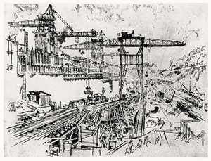 The Walls of Miraflores Lock, plade XXIII fra Panamakanalen af Joseph Pennell, 1912 (kul på papir) af Joseph Pennell