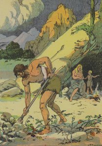 Adam, der bearbejder jorden, efter fordrivelsen fra Edens Have (farvelitografi)