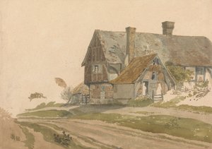 Stuehus med figurer ved dør og vindue