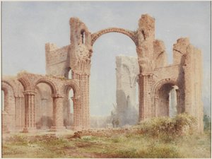 Lindisfarne Priory Ruins (akvarel, kropsfarve og blyant på papir)