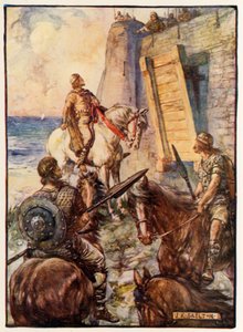 Macbeth bliver nægtet adgang af Lady Macduff, mens hendes mand flygter ad havet