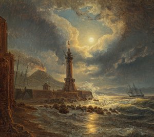 Fyrtårn i havnen i Napoli ved måneskin