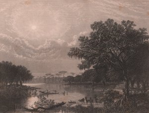 Louisiana Bayou, USA, stålgravering af Robert Hinshelwood (1812-efter 1875) efter maleri af Joseph Rusling Meeker (1827-1889), ca. 16x18 cm