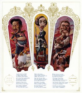 Karikaturer: Meiji-kejser af Japan; Maurice Barres, fransk forfatter og nationalistisk politiker; Jean Jaures, fransk politiker (farve litho)