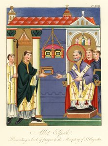 Abbed Elfnoth præsenterer en bog til St Augustine, 1858 (gravering) af Joseph Strutt