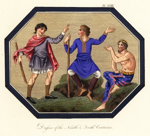 Angelsaksisk herredragt, 9. og 10. århundrede, 1853 (gravering) af Joseph Strutt