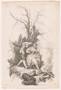 Mand og kvinde med hund ved bål Vinter Four Seasons (serietitel) af Joseph Wagner (possibly)