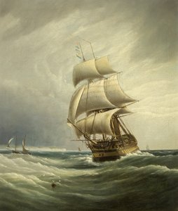Tremastet skib før vinden (olie på lærred)