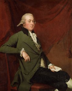 Portræt af Edward Abney, siddende i trekvart længde, i en grøn frakke, holder et brev mod et rødt gardin, slutningen af 1780