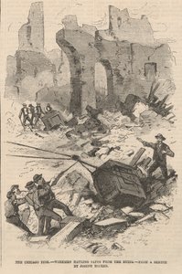 Workmen Hauling Safes from the Ruins, illustration fra Frank Leslies Illustrated Newspaper, 1871 af Joseph after Becker