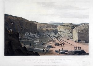 En indvendig udsigt over Devon Haytor Granit Quarries, indgraveret af Robert Havell (1793-1878) 1825 (farvet akvatint) af Joseph after Cartwright