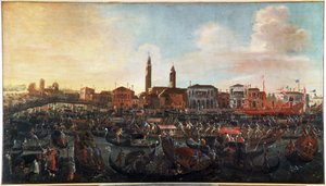 Freskens fest"" på himmelfartsdagen i Murano, Venedig"" San Cipriano-klosteret til højre og kirken Santo Stefano i midten, forsvandt i dag (festen for "" Fresco" på Kristi Himmelfartsdagen i Murano-øen, Venedig) Maleri af Jo af Joseph the younger Heintz
