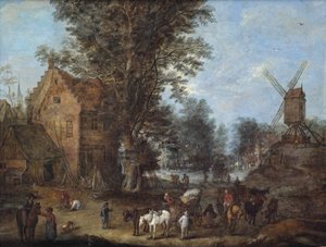 En landsbyscene med rejsende og vognmænd og mange andre figurer i gang med deres daglige aktiviteter af Joseph van Bredael