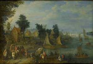 Landsby ved bredden af en flod af Joseph van Bredael