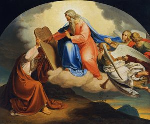 Gud skrev Moses De Ti Bud på to stentavler på Sinaj Bjerg
