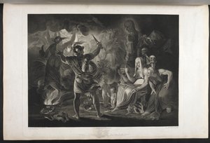 Macbeth.
Fjerde akt. Scene I.
En mørk hule. I midten en gryde, der koger. Tre hekse. Macbeth. Hekate.
Macbeth står over for heksene og skikkelserne; ved hans fødder, inde i en oprullet slange, står et lille blodigt barn og et barn, der bærer en krone og