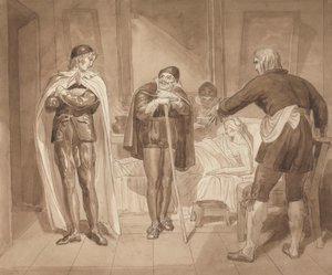 Gil Blas, mens han praktiserer medicin under Dr. Sangrado, møder Dr. Cuchillo ved købmandens seng af Joshua Cristall
