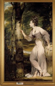 En kvinde med stor elegance giver et navn på en træstamme i en romantisk atmosfære. Maleri af Joshua Reynolds (1723-1792). 1700-tallet. Collection privee - Portræt i fuld længde af fru Lloyd: En elegant kvinde skærer et navn ud på en træstamme i en romanti af Joshua Reynolds