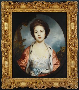 Portræt af Esther, Lady Wray, iført en hvid kjole, en guld- og pink hermelinforet kappe, et landskab udenfor af Joshua Reynolds