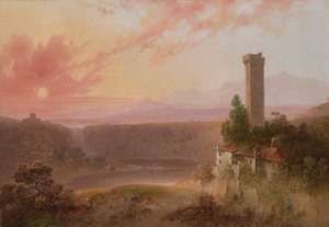 Udsigt over Nemi-søen ved solnedgang