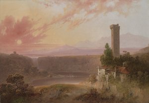 Udsigt over Nemi-søen ved solnedgang, ca. 1840-50