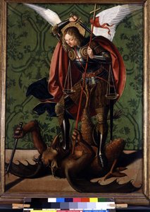 Bagsiden af en altertavle: Saint Michel besejrer dæmonen. Maleri af Josse Lieferinxe, aktiv mellem 1493-1508