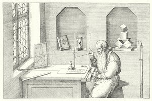 Tysk guldsmed, kunstner og ætser Wenzel Jamnitzer i sit atelier (gravering)