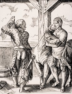 The Butcher and his Assistant, jäljennös Jost Ammanin (1539-91) 1500-luvun kaiverruksesta Paul Lacroixin (1806-84) teoksesta "Le Moyen Age et La Renaissance", julkaistu 1847 (litho) af Jost (after) Amman