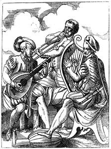En guitarist, en lutenist og en trombonespiller, 1500-tallet 1849. af Jost Amman