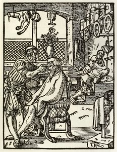 Barberne fra en serie, der skildrer erhverv og erhverv, som først blev offentliggjort i Das Ständebuch 1568 i Frankfurt, Tyskland af Jost Amman