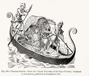 Venetiansk gondol, fra Grand Procession of the Doge of Venedig, illustration fra videnskab og litteratur i middelalderen og renæssancen, skrevet og indgraveret af Paul Lacroix, 1878 (