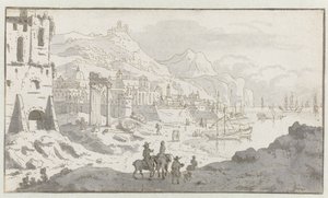 Udsigt over en imaginær italiensk havn af Josua de Grave