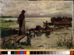 ""På kysten"" (Ved kysten) Hollandske bondekvinder i vandkanten. Maleri af Josef Israels (1824-1911) Mikalojus Konstantinas Ciurlionis Fine Arts Museum, Kaunas, Litauen