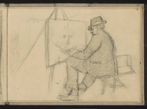 Kunstner siddende bag et staffeli af Jozef Israëls