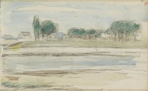 Landskab med vand og huse ved et dige af Jozef Israëls