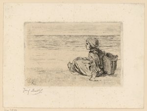 Pige med en rygkurv på stranden af Jozef Israëls
