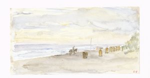 Strandudsigt med rytter og strandstole af Jozef Israëls