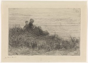 Klitlandskab med mor og børn af Jozef Israëls (signed by artist)